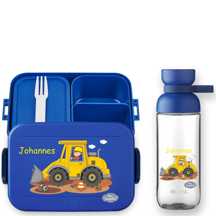 Bento Brotdose und Trinkflasche Vita in royalblau  mit einem Baggermotiv