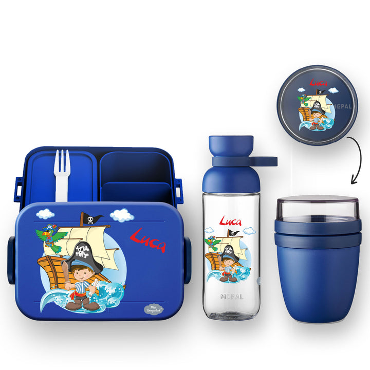 3er-Set Bento Brotbox in Vivid Blue mit Piratenmotiv und Namen Bento Brotdose Trinkflasche Vita und Luchnpot