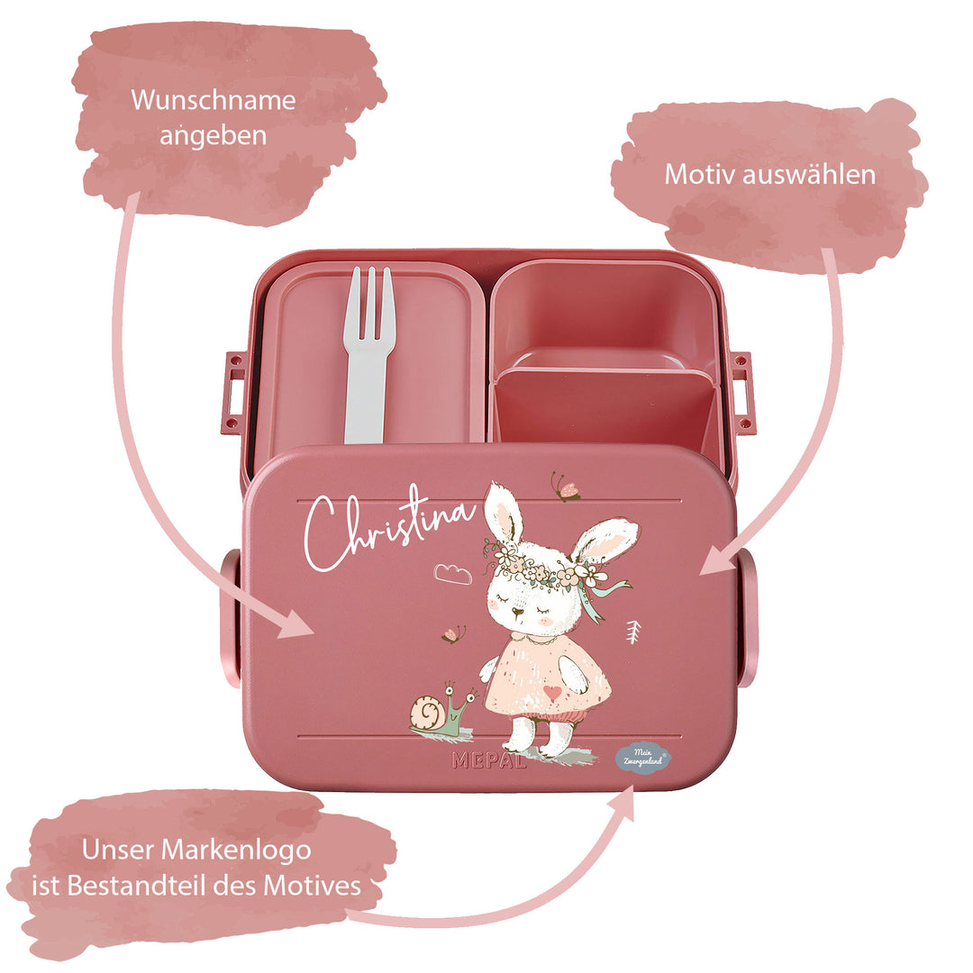 Bento Brotdose offen mit Bento
Einsetzen und Gabel in alt rosa 185x120x65mm mit  Motiv Hase und Schnecke
