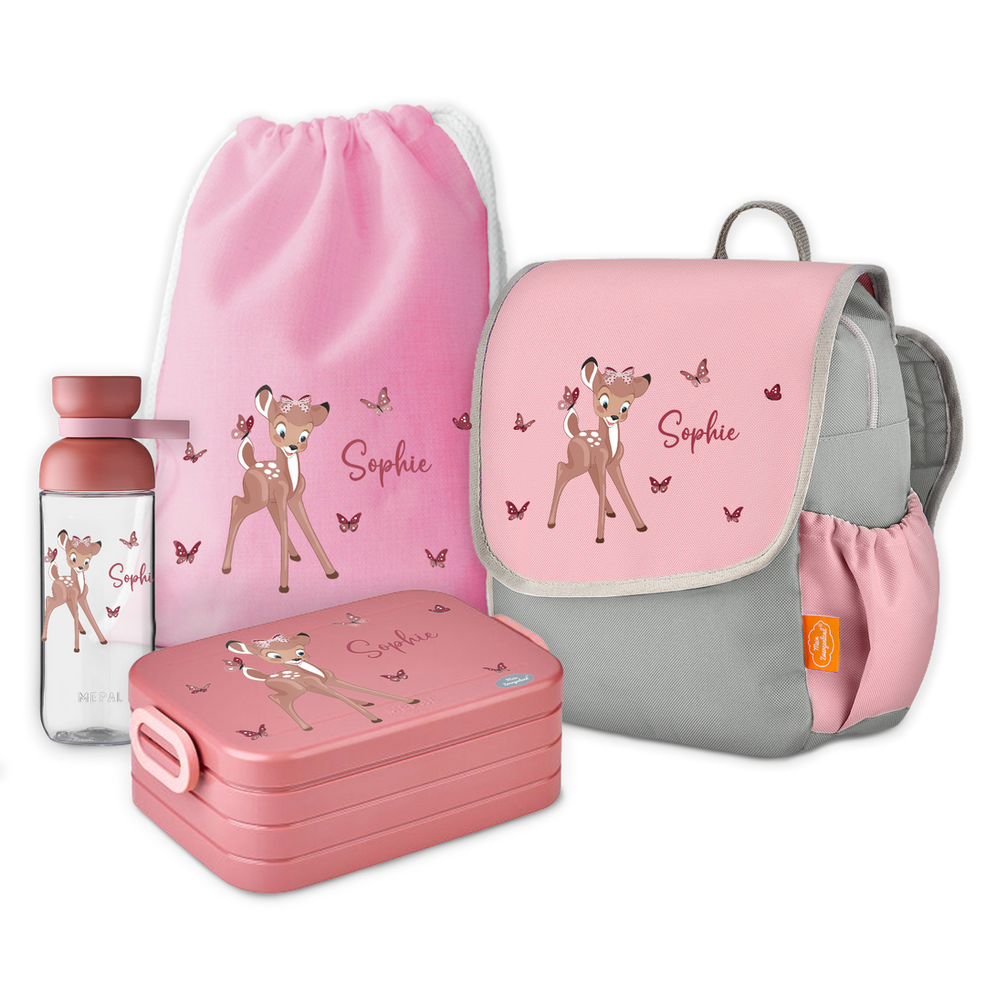 Kindergarten Rucksackset in Rosa mit Trinkflasche Flasche Brotdose mit Bentoeinsatz Turnbeutel aus Baumwolle mit Reh und Schmetterlingen