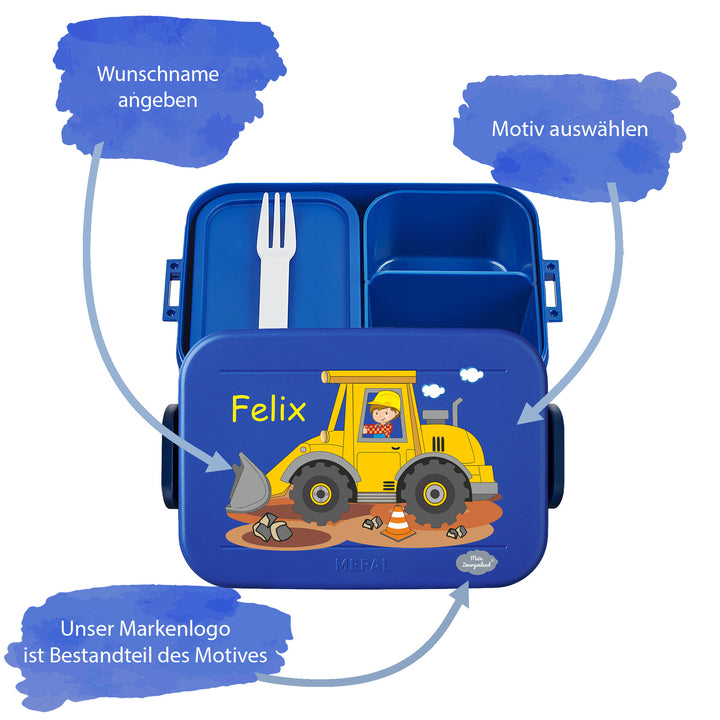 Lunchbox_Motiv_Vivid-Blue mit Bagger Baustelle, Erklärung Wunschname angeben, Motiv auswählen Logo Zwergenlandlogo ist befindet sich auf der Brotdose