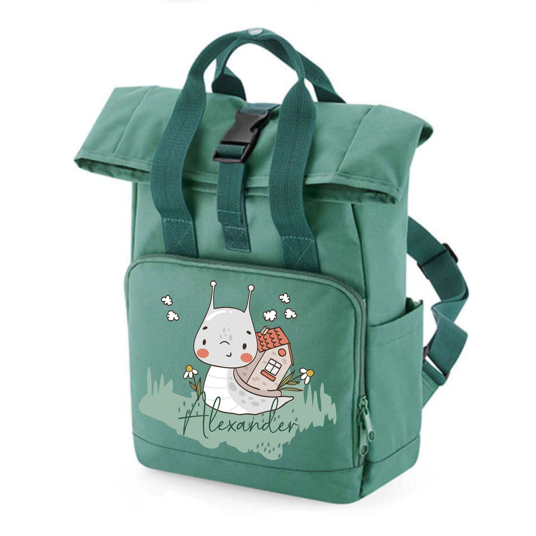 Roll-Top-Rucksack Kinder in Sage Green Schnecke mit Hause