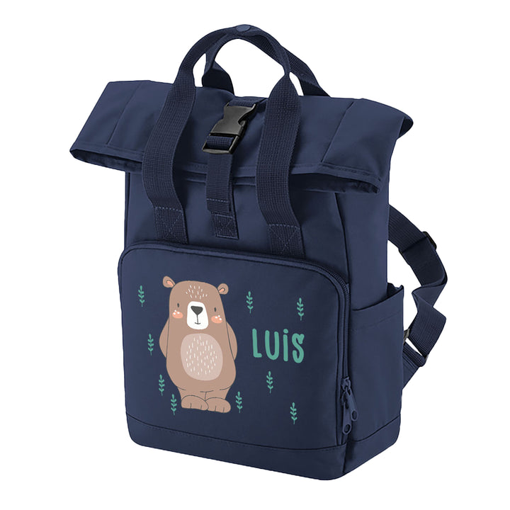 Rolltop Rucksack in Dunkelblau mit Bärenmotiv und Name