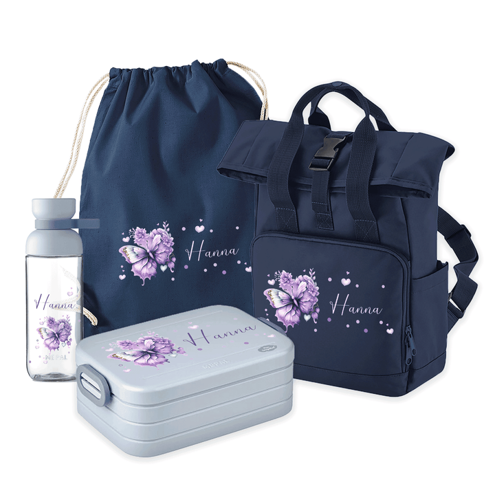 Rolltop Rucksack Set für Kinder in Dunkelblau mit Trinkflasche Turnbeutel und Brotbüchse mit Schmetterling in Flieder