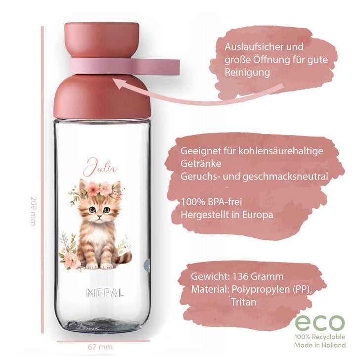 Trinkflasche Vita 500ml mit Katzr Maße 209mmx67mm in alt rosa
