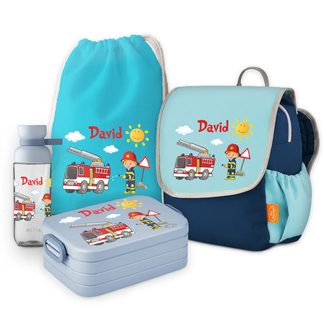 Kindergarten Rucksackset in rosa-grau, Brotdose, Trinkflasche und Turnbeutel, Feuerwehr Motiv personalisierbar