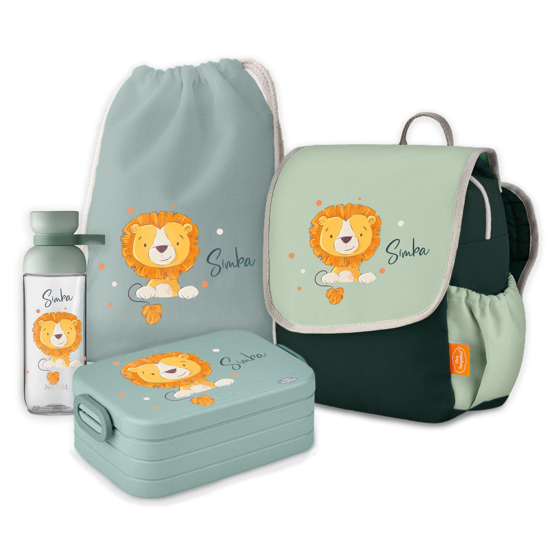 Kindergarten Rucksackset in mint dunkelgrün , Brotdose, Trinkflasche und Turnbeutel, Löwe,  personalisierter