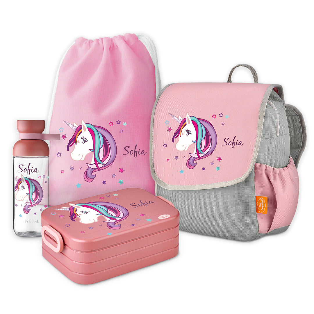 Kindergarten Rucksackset in rosa-grau, Brotdose, Trinkflasche und Turnbeutel, Buntes Einhorn,  personalisierbar